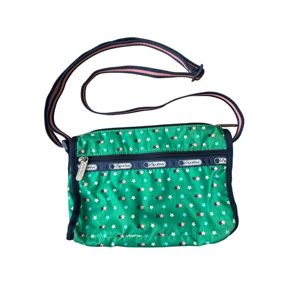 Lesportsac Green Stars Print Crossbody Bag Adjustable Strap Pink Blue Preppy - Picture 1 of 4